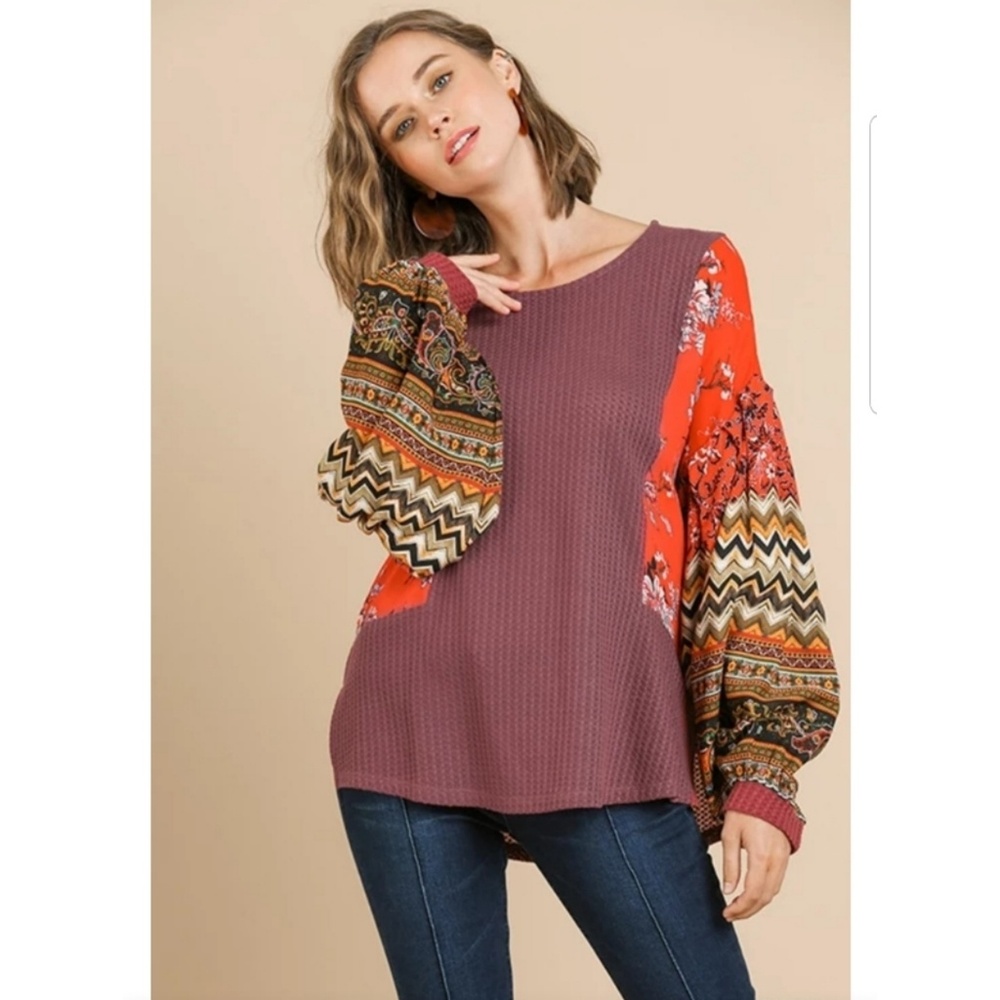 NWT Plum Ribbed Floral Balloon Sleeve Top - Picture 1 of 2